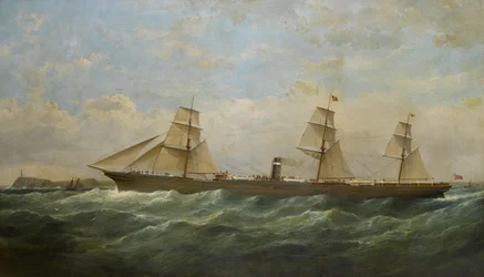 Die S.S. City of Berlin auf dem Weg nach draußen, vorbei am Cape Pine Leuchtturm